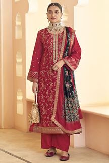 Picture of  Charming Dola Silk Jacquard Designer Straight Cut Suit for Festivals, Sangeet, and Parties (Unstitched suit)