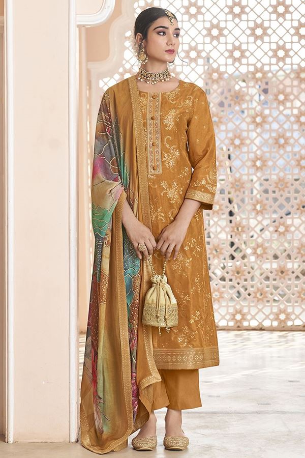 Picture of  Exuberant Dola Silk Jacquard Designer Straight Cut Suit for Haldi, Sangeet, and Parties (Unstitched suit)