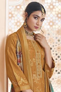 Picture of  Exuberant Dola Silk Jacquard Designer Straight Cut Suit for Haldi, Sangeet, and Parties (Unstitched suit)