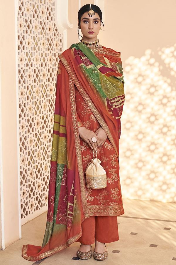 Picture of  Appealing Dola Silk Jacquard Designer Straight Cut Suit for Festivals, Sangeet, and Parties (Unstitched suit)