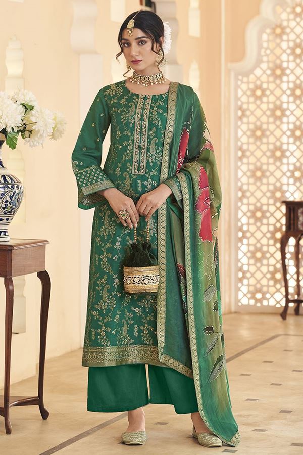 Picture of  Flawless Dola Silk Jacquard Designer Straight Cut Suit for Mehendi, Sangeet, and Parties (Unstitched suit)