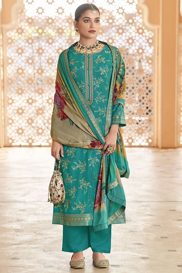 Picture of  Astounding Dola Silk Jacquard Designer Straight Cut Suit for Festivals, Sangeet, and Parties (Unstitched suit)