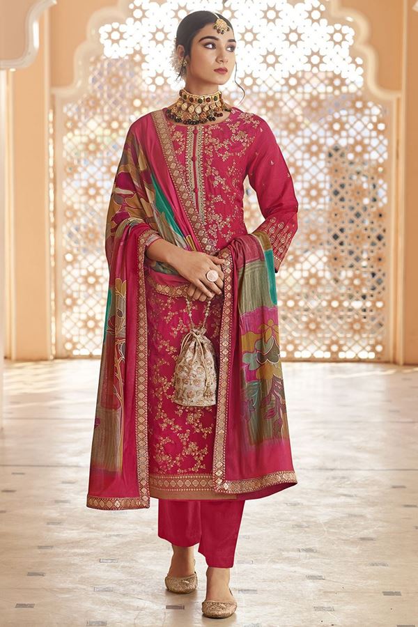 Picture of  Impressive Dola Silk Jacquard Designer Straight Cut Suit for Festivals, Sangeet, and Parties (Unstitched suit)
