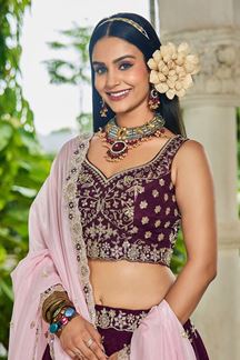 Picture of  Breathtaking Burgundy Designer Indo-Western Lehenga Choli for Engagement, Reception, and Sangeet