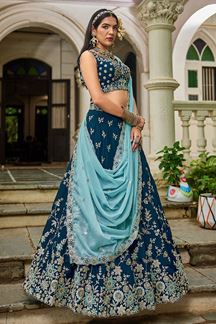 Picture of Ethnic Navy Blue Designer Indo-Western Lehenga Choli for Engagement, Reception, and Sangeet