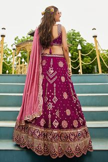 Picture of Striking Burgundy Designer Indo-Western Lehenga Choli for Engagement, Reception, and Sangeet