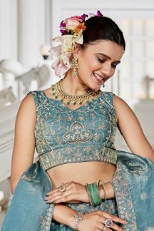 Picture of Smashing Sea Green Designer Indo-Western Lehenga Choli for Engagement, Reception, and Sangeet