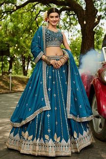 Picture of  Dazzling Teal Designer Indo-Western Lehenga Choli for Engagement, Reception, and Sangeet