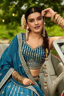 Picture of  Dazzling Teal Designer Indo-Western Lehenga Choli for Engagement, Reception, and Sangeet
