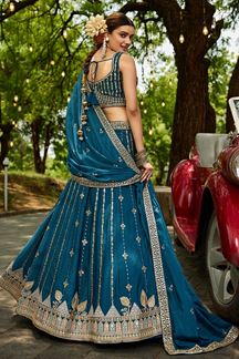 Picture of  Dazzling Teal Designer Indo-Western Lehenga Choli for Engagement, Reception, and Sangeet