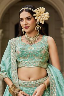 Picture of  Fascinating Sea Green Designer Indo-Western Lehenga Choli for Engagement, Reception, and Sangeet