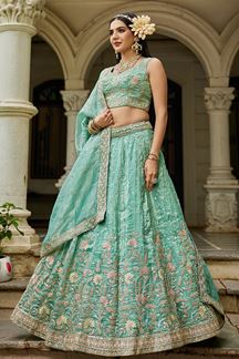 Picture of  Fascinating Sea Green Designer Indo-Western Lehenga Choli for Engagement, Reception, and Sangeet