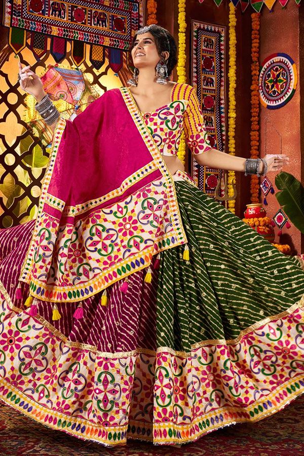 Picture of  Charismatic Viscose Cotton and Pure Silk Designer Navratri Lehenga Choli for Garba Dance and Festival Celebrations