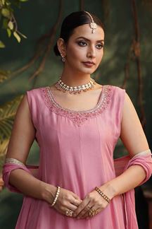 Picture of  Flawless Pink Silk Designer Anarkali Suit for Festivals, Sangeet, and Parties