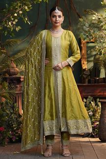 Picture of Flamboyant Olive Green Silk Designer Anarkali Suit for Mehendi, Sangeet, and Parties