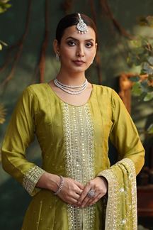Picture of Flamboyant Olive Green Silk Designer Anarkali Suit for Mehendi, Sangeet, and Parties