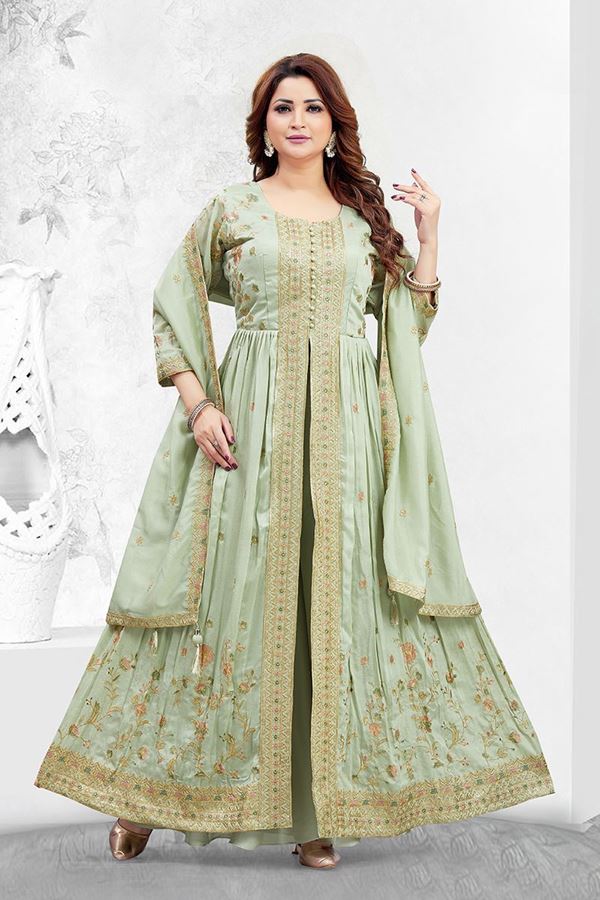Picture of  Attractive Muslin Silk Designer Anarkali Suit for Festivals, Sangeet, and Parties
