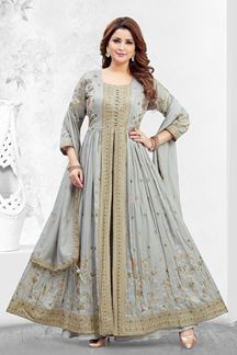 Picture of  Artistic Muslin Silk Designer Anarkali Suit for Festivals, Sangeet, and Parties