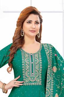 Picture of  Magnificent Chinon Silk Designer Anarkali Suit for Mehendi, Sangeet, and Parties