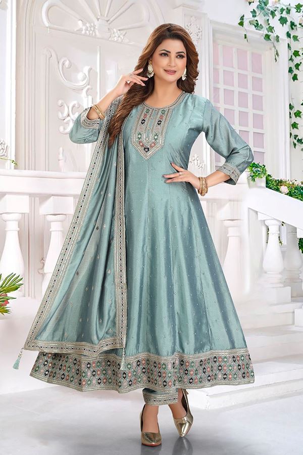 Picture of  Vibrant Silk Designer Anarkali Suit for Engagement, Reception, and Sangeet