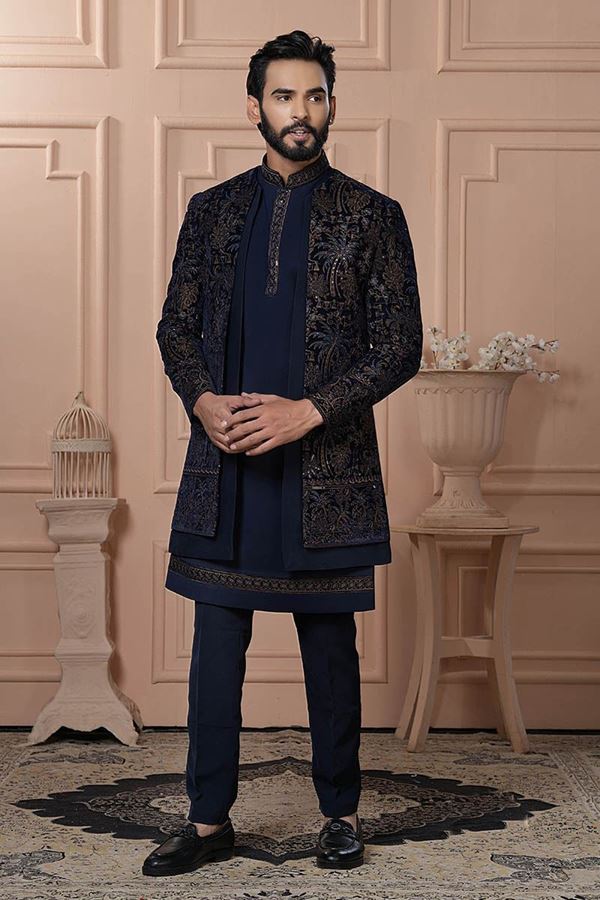 Picture of  Exquisite Navy Blue Designer Men’s Indo-Western for Engagement, Reception, and Wedding