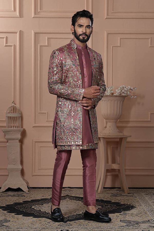 Picture of  Fashionable Rustish Pink Designer Men’s Indo-Western for Engagement, Reception, and Wedding