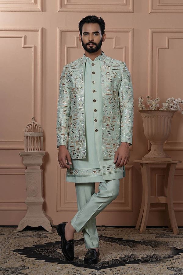 Picture of  Appealing Pista Designer Men’s Indo-Western for Engagement, Reception, and Wedding