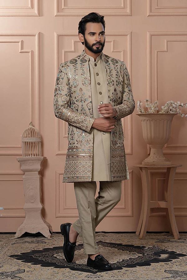 Picture of  Charismatic New Beige Designer Men’s Indo-Western for Engagement, Reception, and Wedding