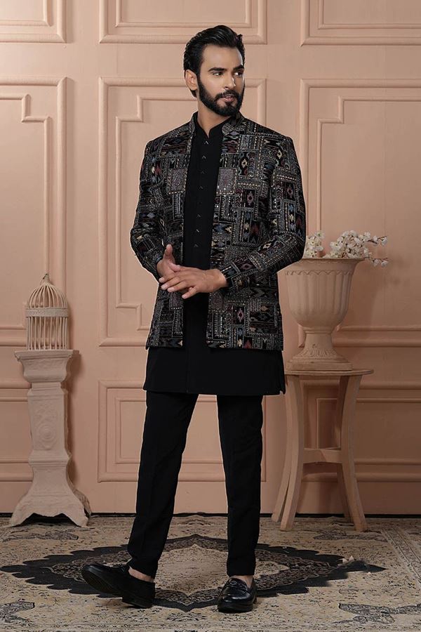 Picture of  Aesthetic Jade Black Designer Men’s Indo-Western for Engagement, Reception, and Wedding