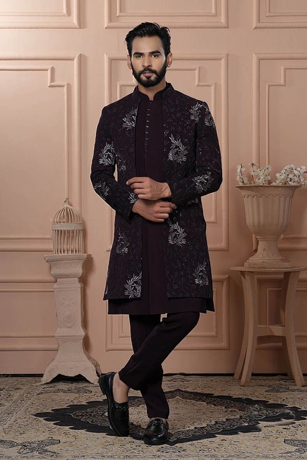 Picture of  Attractive Wine Designer Men’s Indo-Western for Engagement, Reception, and Wedding
