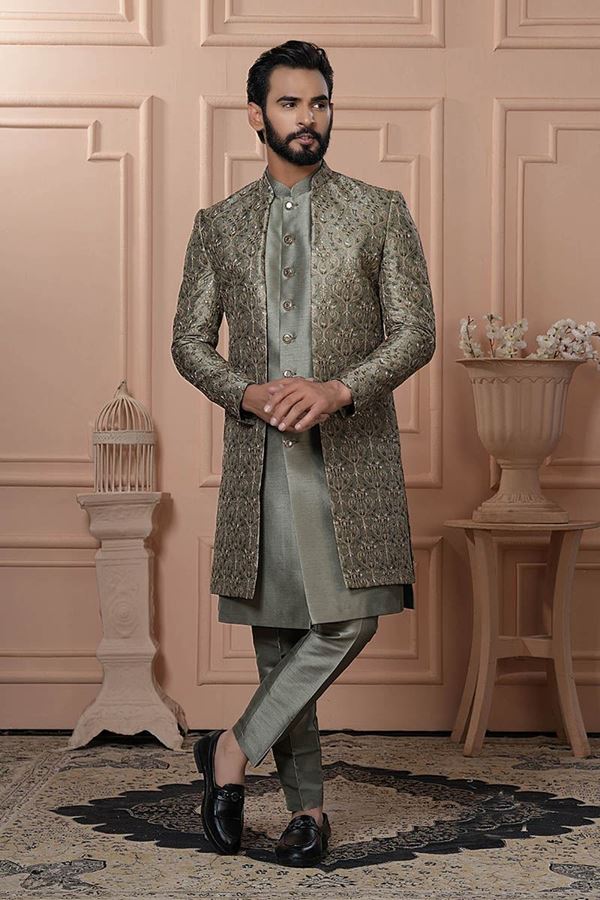 Picture of  Dashing Mehendi Green Designer Men’s Indo-Western for Engagement, Reception, and Wedding