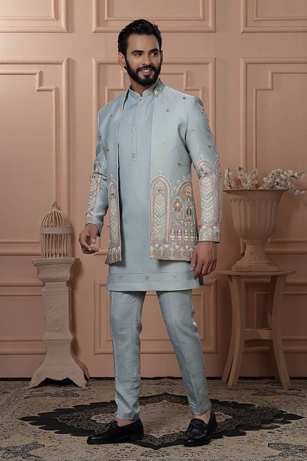 Picture of  Elegant Pastel Pista Designer Men’s Indo-Western for Engagement, Reception, and Wedding