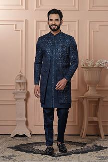 Picture of  Fancy Peacock Blue Designer Men’s Indo-Western for Engagement, Reception, and Wedding