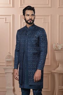 Picture of  Fancy Peacock Blue Designer Men’s Indo-Western for Engagement, Reception, and Wedding
