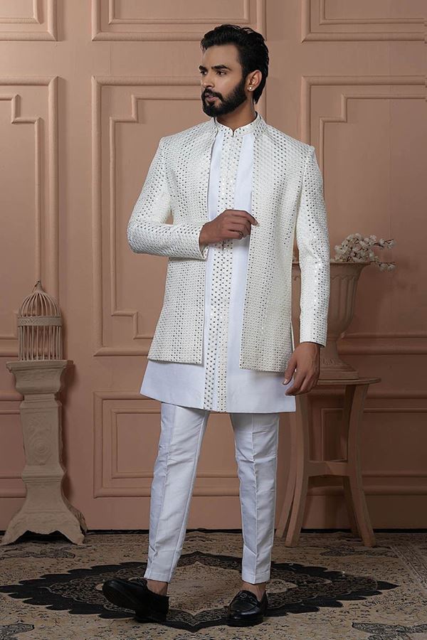 Picture of  Marvelous Cream Designer Men’s Indo-Western for Engagement, Reception, and Wedding