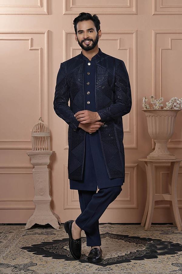 Picture of  Enticing Navy Blue Designer Men’s Indo-Western for Engagement, Reception, and Wedding