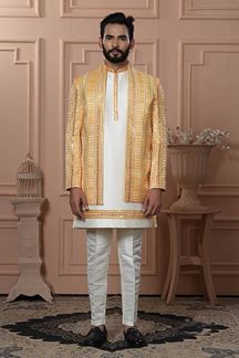 Picture of  Attractive Yellow Designer Men’s Indo-Western for Haldi and Reception