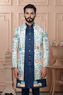 Picture of  Elegant Light Sky Designer Men’s Indo-Western for Engagement and Reception