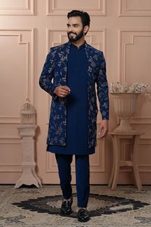 Picture of  Magnificent Peacock Blue Designer Men’s Indo-Western for Engagement, Wedding, and Reception