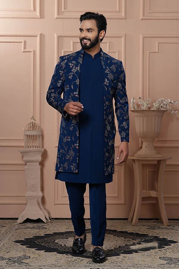 Picture of  Magnificent Peacock Blue Designer Men’s Indo-Western for Engagement, Wedding, and Reception