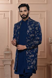 Picture of  Magnificent Peacock Blue Designer Men’s Indo-Western for Engagement, Wedding, and Reception