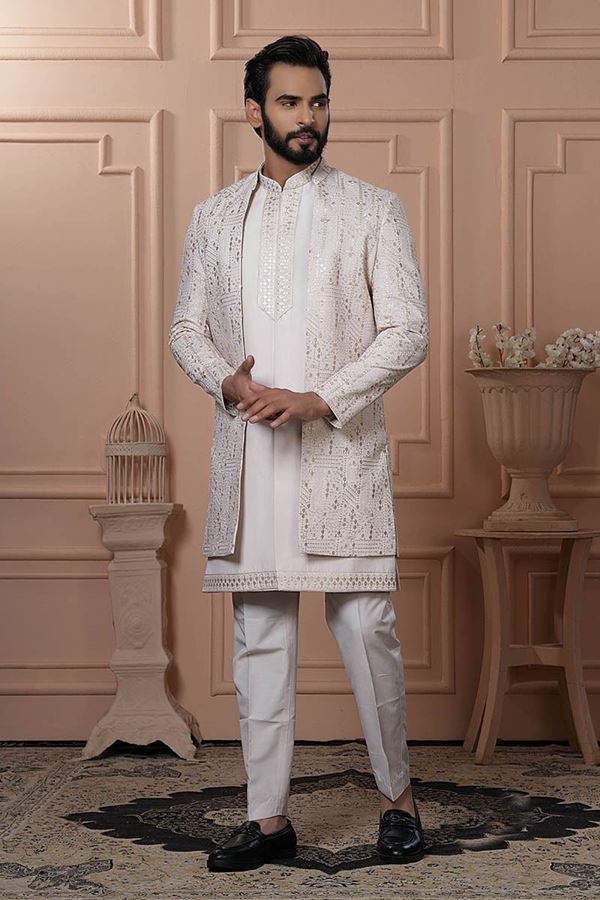Picture of  Marvelous Pastel Beige Designer Men’s Indo-Western for Engagement, Wedding, and Reception
