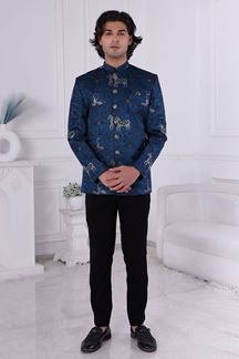 Picture of  Elegant Peacock Blue Designer Men’s Indo-Western for Engagement and Reception