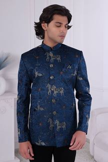 Picture of  Elegant Peacock Blue Designer Men’s Indo-Western for Engagement and Reception