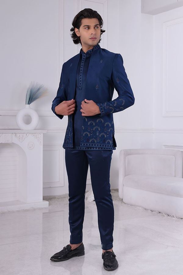 Picture of  Vibrant Peacock Blue Designer Men’s Indo-Western for Engagement, Wedding, and Reception