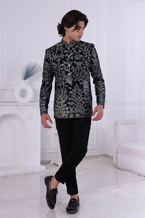 Picture of  Vibrant Bottle Green Designer Men’s Indo-Western for Engagement and Reception