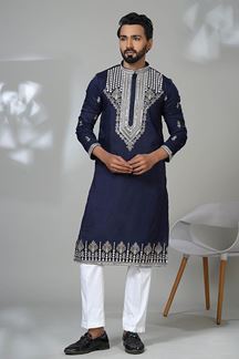 Picture of  Classy Navy Blue Designer Men’s Kurta Pyjama for Engagement, Reception, and Sangeet