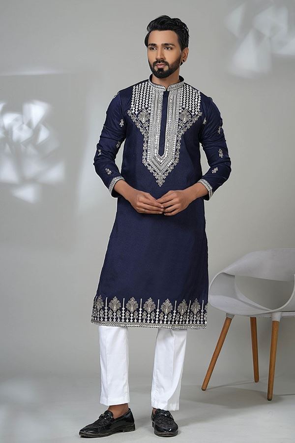 Picture of  Classy Navy Blue Designer Men’s Kurta Pyjama for Engagement, Reception, and Sangeet