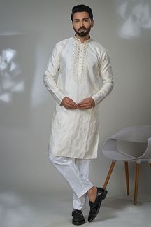 Picture of  Artistic Cream Designer Men’s Kurta Pyjama for Engagement, Sangeet, and Parties