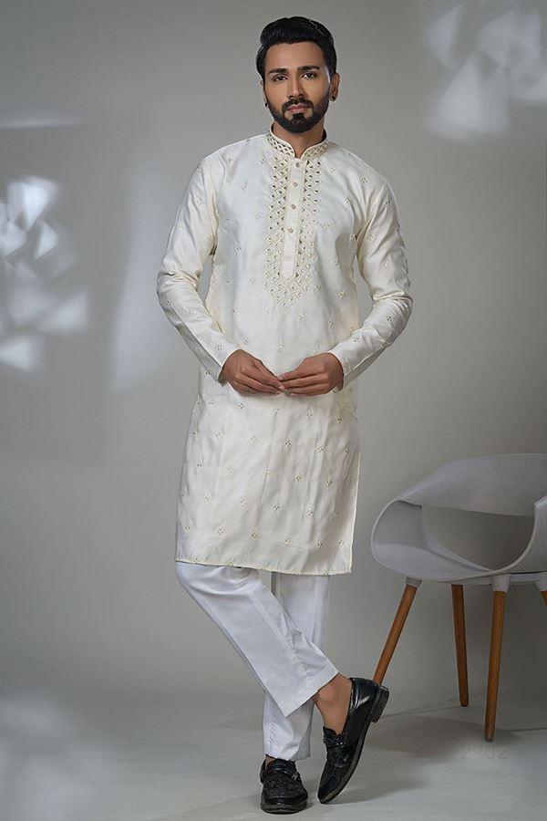 Picture of  Artistic Cream Designer Men’s Kurta Pyjama for Engagement, Sangeet, and Parties